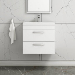 Royal Bathrooms Turin Gloss White 600mm Wall Hung Vanity Unit 2 Drawer With Mid-Edge Basin Sink
