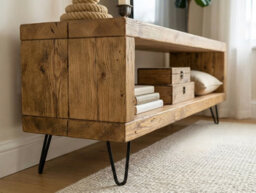 L120Xw44 Shelf 22Cm Solid Wood Chunky Tv Unit With 7 Inch Metal Legs