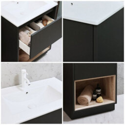Homestylestore Black Grey 612mm Bathroom Vanity Unit Open Shelf And Chalk Basin - thumbnail 3