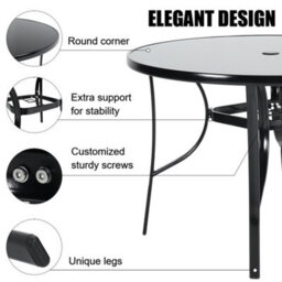 Living And Home Black Round Tempered Glass Top Garden Bistro Dinging Table With Metal Frame And Umbrella Hole Outdoor 105 Cm - thumbnail 4