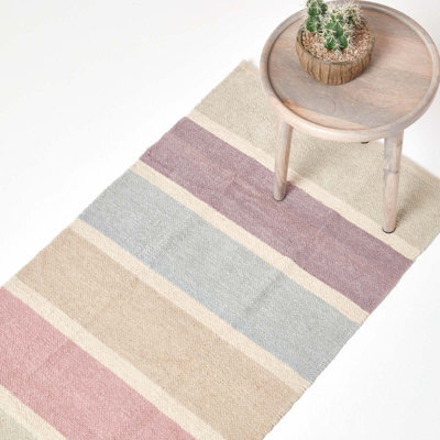 Homescapes Cotton Chenille Striped Rug Blue Beige Purple Grey Natural, 66 X 200 Cm - image 1