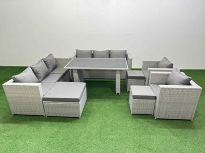 Fimous 11 Seater Wicker Pe Rattan Furniture Outdoor Dining Table 3 Seater Sofa Armchair Set With 3 Stools Light Grey - image 1