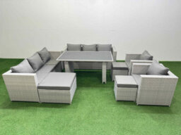 Fimous 11 Seater Wicker Pe Rattan Furniture Outdoor Dining Table 3 Seater Sofa Armchair Set With 3 Stools Light Grey - thumbnail 1