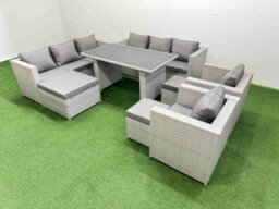 Fimous 11 Seater Wicker Pe Rattan Furniture Outdoor Dining Table 3 Seater Sofa Armchair Set With 3 Stools Light Grey - thumbnail 2