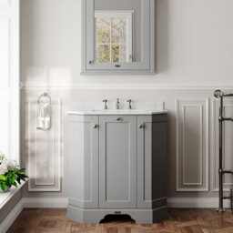 Hudson Reed Floor Standing 3-Door Angled Vanity Unit With 3 Tap Hole White Marble Top & Basin, Storm Grey, 786X470mm - thumbnail 2