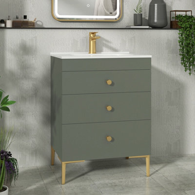 Royal Bathrooms Royal Bathroom Verona 600mm Matt Green 3-Drawer Floor Standing Bathroom Vanity Unit With Ceramic Basin & Brushed Brass Knob - image 1