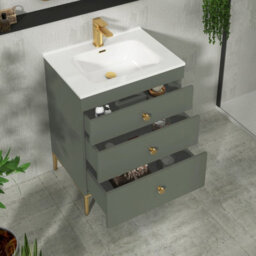 Royal Bathrooms Royal Bathroom Verona 600mm Matt Green 3-Drawer Floor Standing Bathroom Vanity Unit With Ceramic Basin & Brushed Brass Knob - thumbnail 5