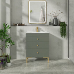 Royal Bathrooms Royal Bathroom Verona 600mm Matt Green 3-Drawer Floor Standing Bathroom Vanity Unit With Ceramic Basin & Brushed Brass Knob - thumbnail 4