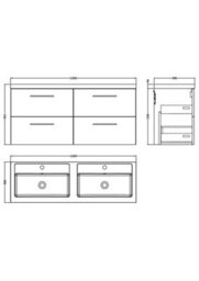 Balterley Level 1200mm Wall Hung 4 Drawer Vanity Unit With Double Basin For Modern Bathroom Storage - Charcoal Black - thumbnail 2