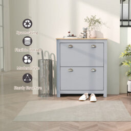 Homcom 2 Drawer Shoe Cabinet Narrow Shoe Cupboard With Flip Doors, Grey - thumbnail 7