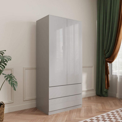 Home Source Lugano Grey 2 Door 2 Drawer Wardrobe High Gloss Door & Drawer Fronts - image 1