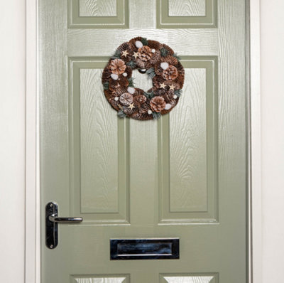 Samuel Alexander 30Cm Frosted Hanging Christmas Wreath With Pine Cones & Wooden Stars - image 1