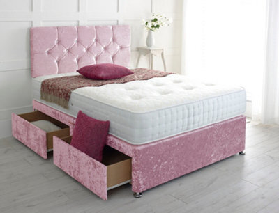 Adore Designs Diamond Cut Crushed Velvet Divan Bed, With Pocket Mattress - 6Ft Super King - Pink - 2 Drawers Same Side