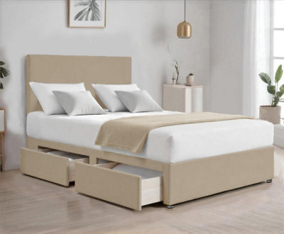 Cream Plush 4Ft6 Double Bed With Matttress 2 Storage Drawers And 20 Inch Plain Headboard - image 1