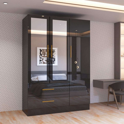 M N Furniture Ltd Modern High Gloss 2, 3 Or 4 Door Wardrobe With Mirror, Shelves, Hanging Rail And Drawers - (Black,116Cm) - image 1