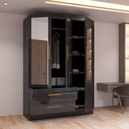 M N Furniture Ltd Modern High Gloss 2, 3 Or 4 Door Wardrobe With Mirror, Shelves, Hanging Rail And Drawers - (Black,116Cm) - thumbnail 3