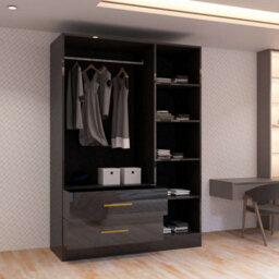 M N Furniture Ltd Modern High Gloss 2, 3 Or 4 Door Wardrobe With Mirror, Shelves, Hanging Rail And Drawers - (Black,116Cm) - thumbnail 4