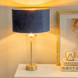 Valuelights Balan Glass With Gold Table Lamp And Navy Blue Velvet With Metallic Gold Inner Lamp Shade And Led Bulb