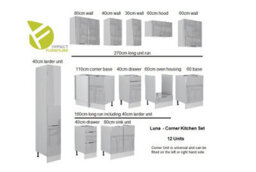 Impact Furniture Corner Kitchen Cabinet Set Light Grey Gloss 12 Unit Left Right Modern Tall Larder Pantry Storage Fitted Kitchen Star - thumbnail 2