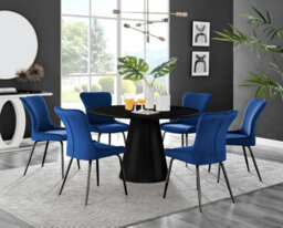Furniturebox Uk Palma Black Semi-Gloss Round Pedestal Dining Table & 6 Blue Velvet Nora Black Leg Chairs - thumbnail 1