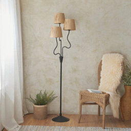 Loops Elegant 1560mm Tall Floor Lamp In Matt Black With Natural Raffia Shades - thumbnail 3