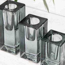 Annibells Set 3 Grey Square Cubed Glass Dinner Candle Holders  (11805) - thumbnail 3