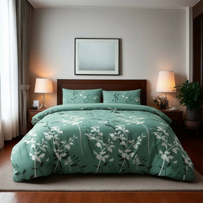 Duvet Cover And Pillowcase Set Floral Leaf Design Polycotton Bed Linen Duck Egg Blue - image 1