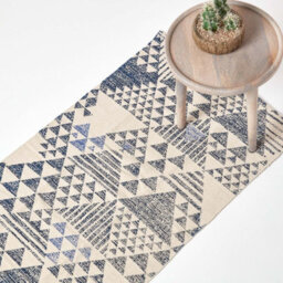 Homescapes Delphi Blue And White Geometric Style 100% Cotton Printed Rug, 66 X 200 Cm - thumbnail 1