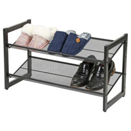 Stackable 2 Tier Metal Shoe Rack Adjustable Shelves Holds 6 To 8 Pairs Space Saving Shoe Organiser Black 31X73X42Cm