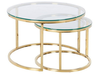 Beliani Glamour 2-Piece Nesting Tables Gold Stainless Steel Frame - Round Tempered Glass Tops, Hairpin Legs - image 1