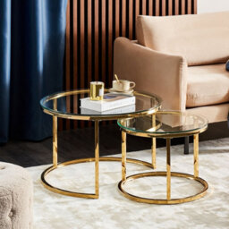 Beliani Glamour 2-Piece Nesting Tables Gold Stainless Steel Frame - Round Tempered Glass Tops, Hairpin Legs - thumbnail 2