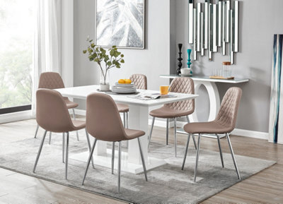 Furniturebox Imperia White High Gloss 6 Seater Dining Table With Structural 2 Plinth Column Legs 6 Beige Faux Leather Silver Leg Corona Chairs - image 1