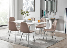 Furniturebox Imperia White High Gloss 6 Seater Dining Table With Structural 2 Plinth Column Legs 6 Beige Faux Leather Silver Leg Corona Chairs