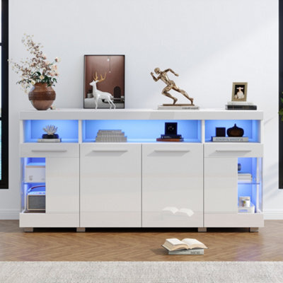 High Gloss Sideboard With Led Lighting And 3-Tier Tempered Glass Display Shelves, White - image 1