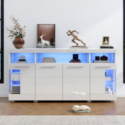 High Gloss Sideboard With Led Lighting And 3-Tier Tempered Glass Display Shelves, White - thumbnail 1