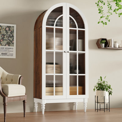 Btm Arched Display Cabinet 165Cm With Fluted Glass Double Doors, 3 Shelves, 2 Colours (Walnut+White) - image 1