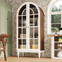 Btm Arched Display Cabinet 165Cm With Fluted Glass Double Doors, 3 Shelves, 2 Colours (Walnut+White) - thumbnail 8