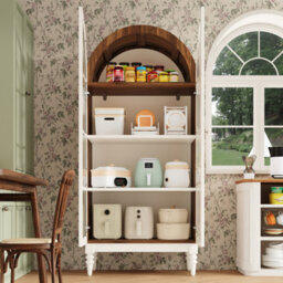 Btm Arched Display Cabinet 165Cm With Fluted Glass Double Doors, 3 Shelves, 2 Colours (Walnut+White) - thumbnail 9