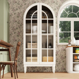 Btm Arched Display Cabinet 165Cm With Fluted Glass Double Doors, 3 Shelves, 2 Colours (Walnut+White) - thumbnail 2
