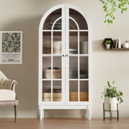 Btm Arched Display Cabinet 165Cm With Fluted Glass Double Doors, 3 Shelves, 2 Colours (Walnut+White) - thumbnail 3