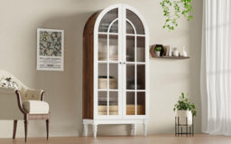 Btm Arched Display Cabinet 165Cm With Fluted Glass Double Doors, 3 Shelves, 2 Colours (Walnut+White) - thumbnail 6
