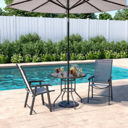Living And Home Set Of 3 Black Garden Ripple Glass Round Umbrella Table And Folding Chairs Set 80 Cm - thumbnail 2