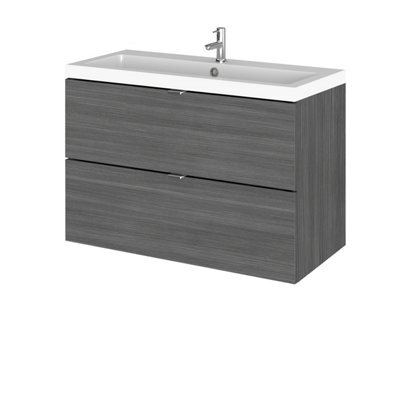 Hudson Reed Fusion Wall Hung 2 Drawer Vanity Unit & Polymarble Basin, Sink Vanity Unit, Anthracite Woodgrain, 800mm - image 1