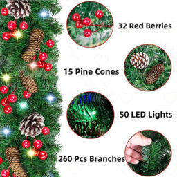 Amorly 9Ft Lighted Christmas Garland, Battery Operated Artificial Greenery With Pine Cones Red Berries, Xmas Decor For Mantle, Stairs - thumbnail 7