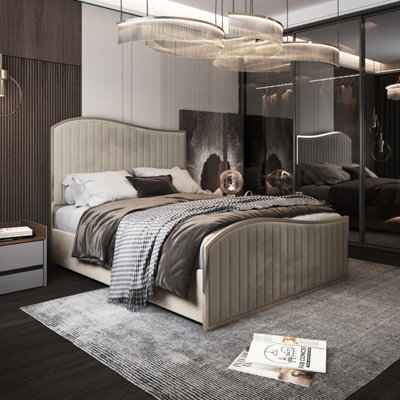 Brixton Upholstered Soft Velvet Metal Cream Bed Frame - image 1