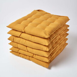 Homescapes Mustard Yellow Seat Pads Or Cotton Chair Cushions 40X40 Cm, Set Of 6 Plain Chair Pads For Dining, Kitchen Or Outdoor