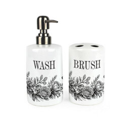 Purely Home Black Roses & Butterflies Bathroom Set - Refillable Ceramic Soap Dispenser & Toothbrush Holder