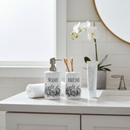 Purely Home Black Roses & Butterflies Bathroom Set - Refillable Ceramic Soap Dispenser & Toothbrush Holder - thumbnail 2