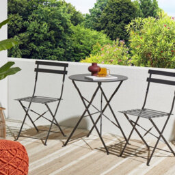 Wyld And Coco Summit Black Metal Folding 3-Piece Bistro Set With Slatted Seats - 2 Chairs And Square Table - thumbnail 2