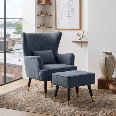 Chenille Fabric Blue Accent Chair With Footstool Camila - Wingback Armchair, Doorstep Delivery - image 1